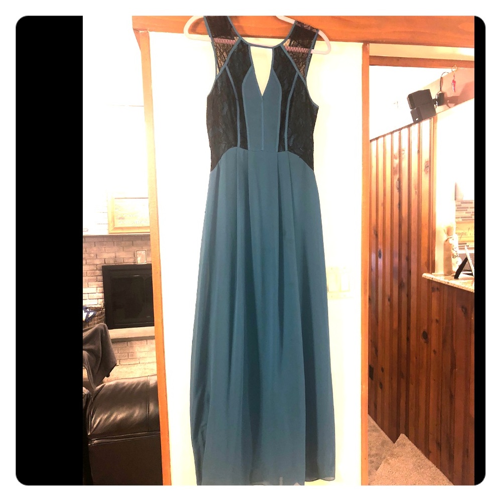 BCBG generation Teal and Black Chiffon Maxi Dress